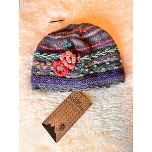 Lost Horizons Lassen Beanie Wool Hat Hand Knit Floral Fleece Lined NWT Women